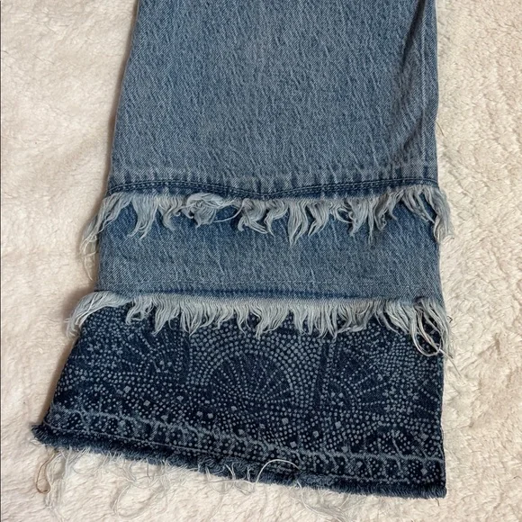 Free People We the Free Distressed Patchwork Flare Jeans Boho Festival Raw Hem - Picture 9 of 11